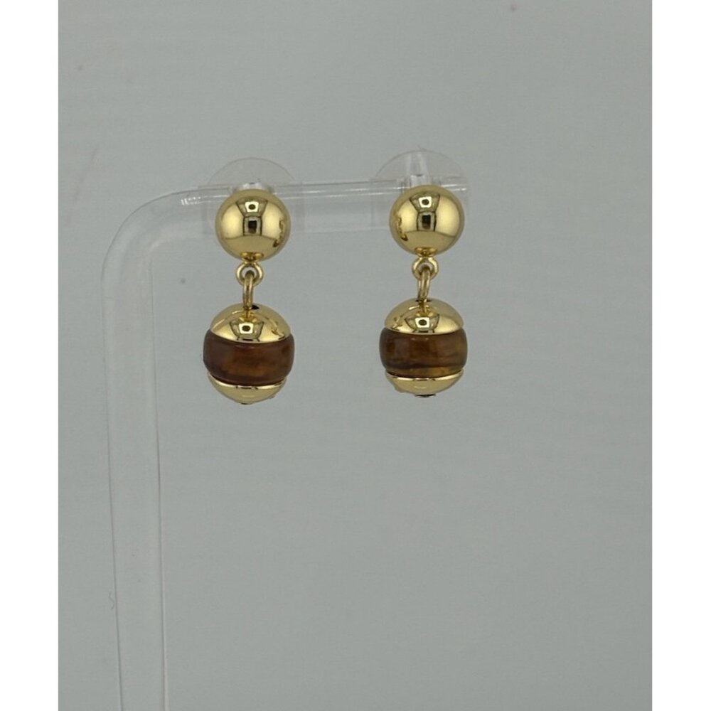 Gold Tone Tiger Eye Bead Drop Earrings Stud Dangle Vintage Style Costume Jewelry - Picture 2 of 6